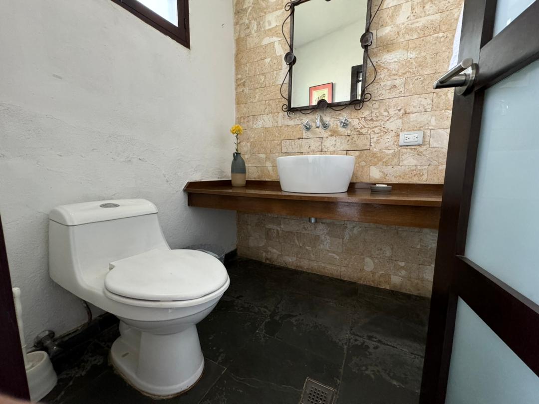 A clean bathroom features a modern toilet beside a wooden countertop, supporting a stylish basin. A simple vase with a flower adds a touch of decor, while the wall's textured finish and dark flooring create a balanced ambiance.