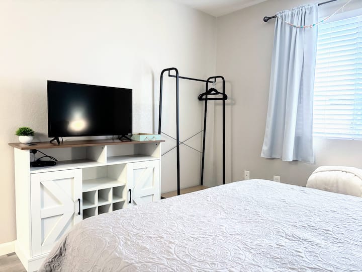 Roku-equipped TV in the main bedroom with storage rack.