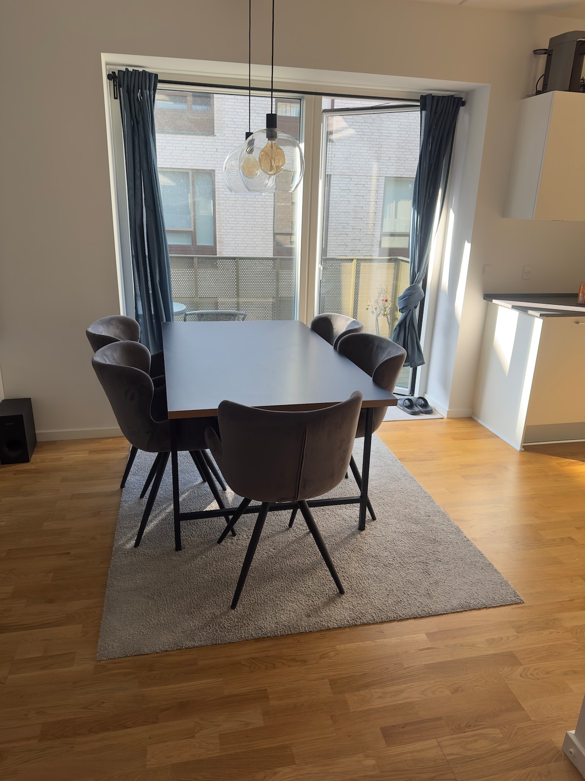 A dining area features a spacious dark wood table surrounded by six chairs with soft upholstery. Large windows provide natural light, while two curtains frame the view. A pendant light hangs above the table, illuminating the space. A rug lies beneath the table, enhancing the warm ambiance.