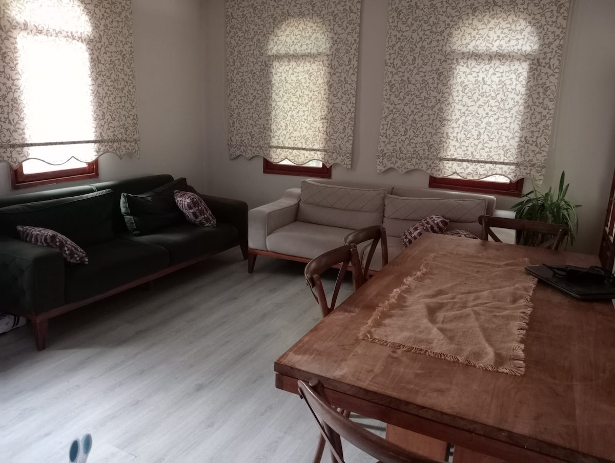 A comfortable living area features two sofas and a wooden dining table. Natural light filters through patterned window coverings, illuminating the space. A decorative plant adds a touch of greenery, while a light-colored table runner is centered on the dining table.