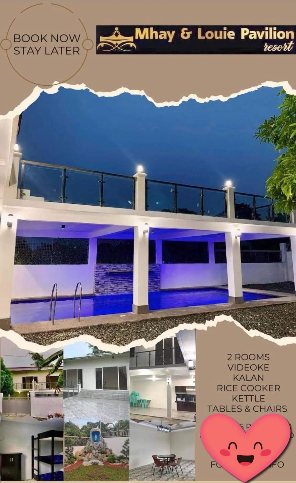 A modern resort features a shimmering pool surrounded by a clean deck, with seating areas and glass railings. Soft blue lighting enhances the inviting ambiance. The building showcases spacious rooms and well-maintained grounds, providing comfortable spaces for relaxation and family gatherings.