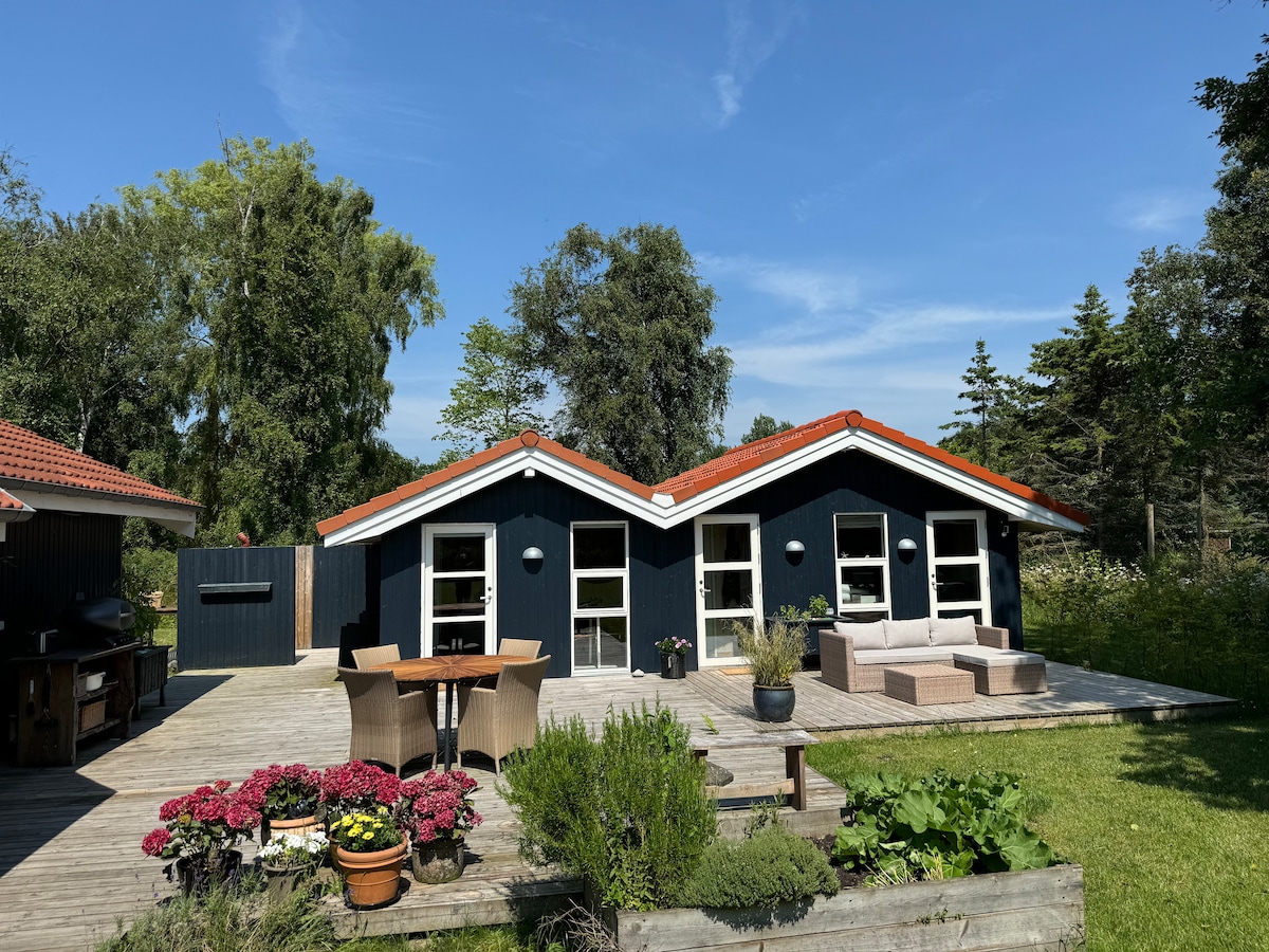 A charming annexe with a blue exterior features a spacious terrace furnished with a seating area and dining table. Lush greenery surrounds the area, enhancing the outdoor space. Large windows allow natural light to flood in, while a BBQ area is also noticeable.