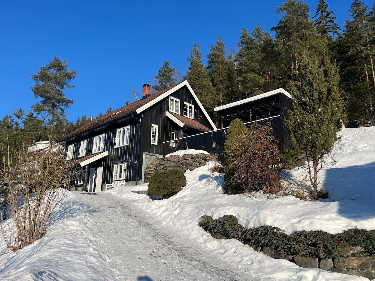 A two-story black wooden house is nestled among snow-covered trees, showcasing a charming architectural style. The sloping path leading to the entrance is surrounded by greenery, adding to the natural setting. Clear blue skies create a bright and inviting atmosphere.