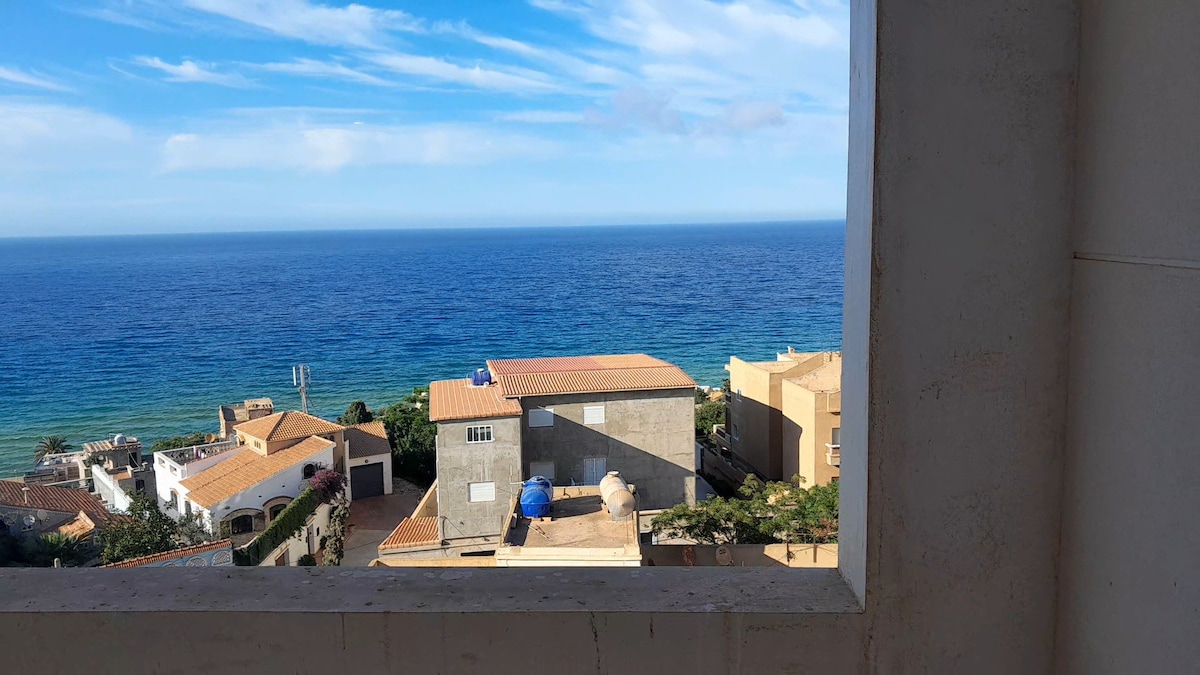 A panoramic view of the serene ocean is framed by a neutral wall. The horizon meets the sky, showcasing a blend of blue tones. Below, residential buildings with varied architectural styles are visible, contributing to the coastal landscape.