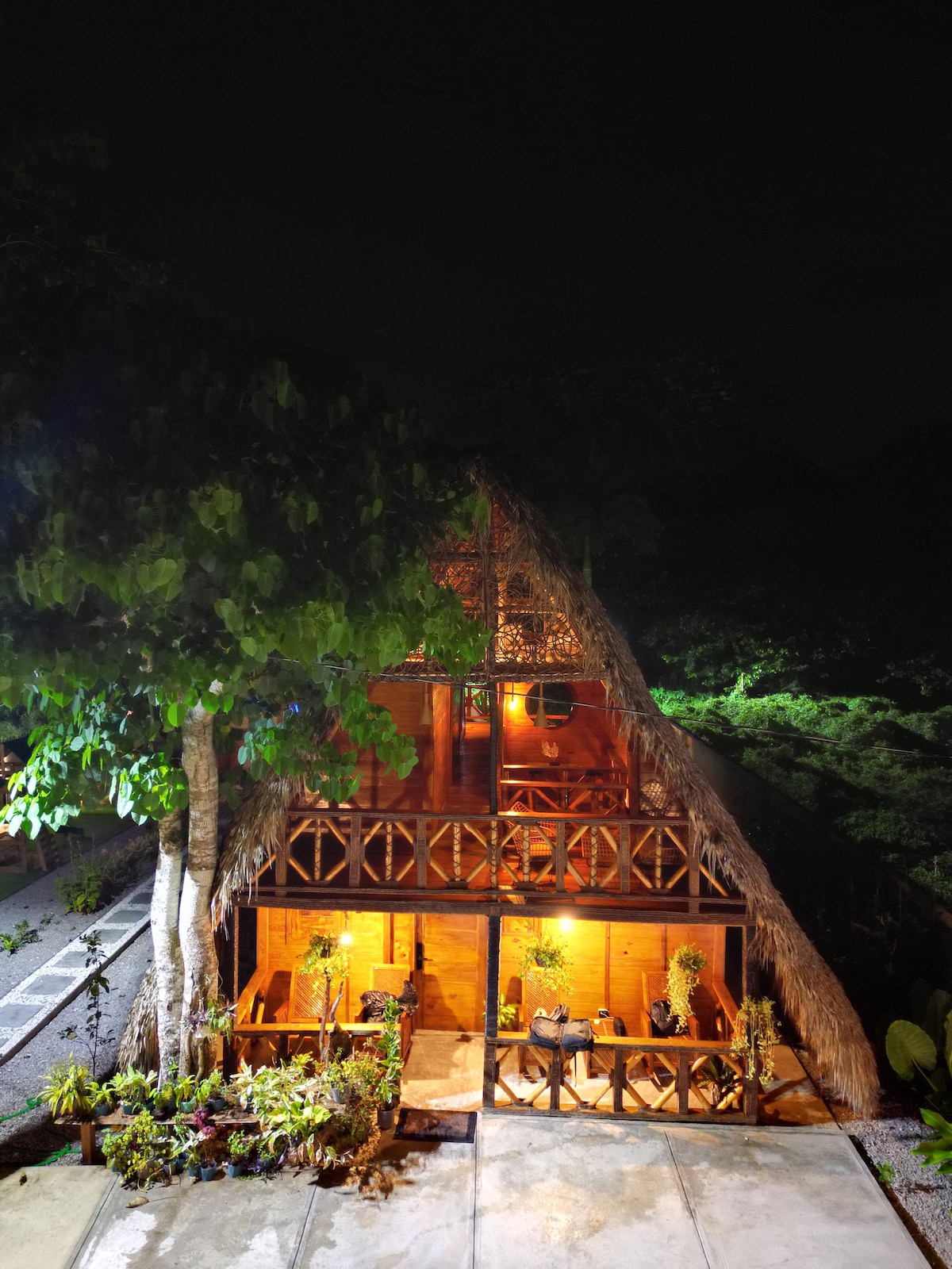 A wooden cabin stands under night lights, with a thatched roof accenting its unique architecture. The entrance features a wide porch adorned with potted plants. Soft illumination from lights highlights the structure, creating a welcoming atmosphere in the surrounding natural environment.