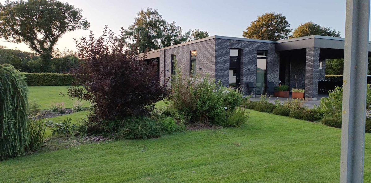 A modern brick house is set within a spacious green landscape, surrounded by ornamental bushes and trees. The building features large windows and a covered porch area, blending harmoniously with the tranquil outdoor environment.