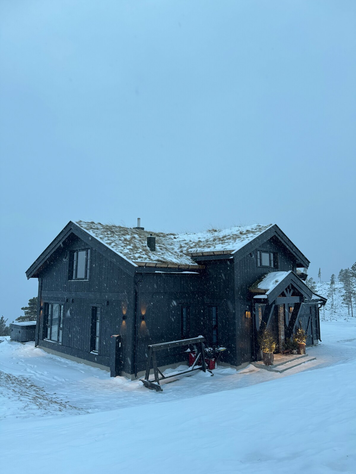 A modern black cabin is showcased, partially covered in snow. Greenery is seen near the entrance, complemented by warm lighting from wall sconces. The sloped roof features a layer of snow, with a serene winter landscape visible in the distance.
