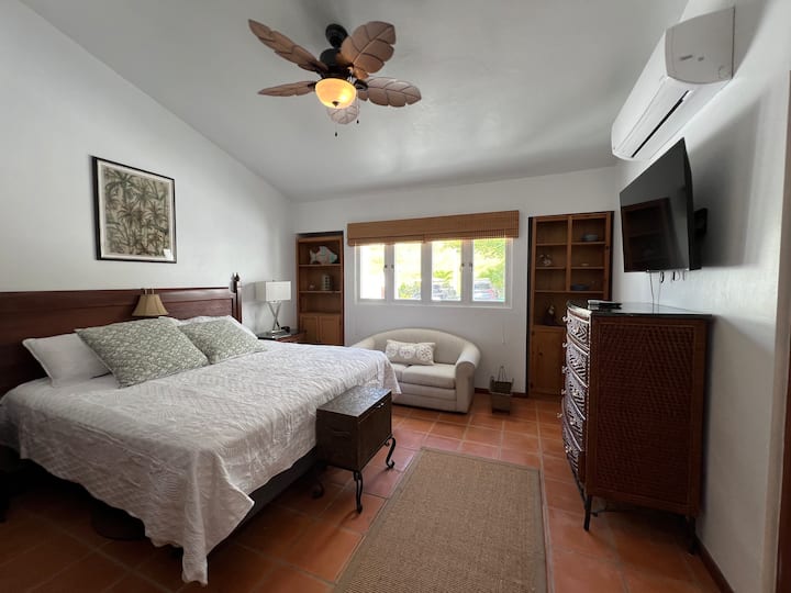 Hlavná spálňa s manželskou posteľou King s veľkým šatníkom, malou pohovkou a vlastnou kúpeľňou. 