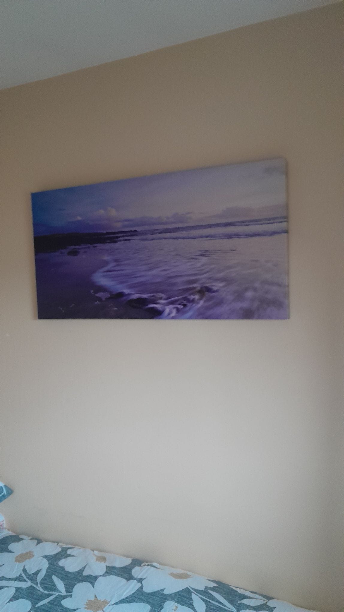 A wall-mounted canvas features a serene seaside scene, depicting gentle waves lapping against rocks under a pastel sky. The neutral wall complements the artwork, creating a calming visual experience within the room.