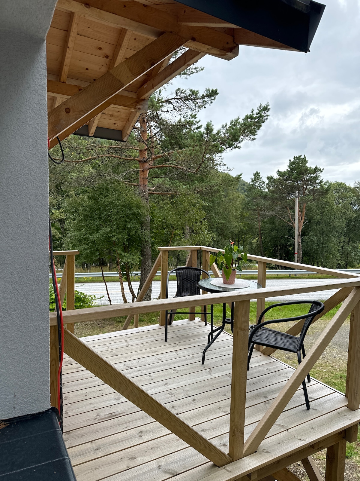 A wooden deck area is visible, featuring a small round table and a single black chair. Potted plants add greenery to the space, which is surrounded by trees. The roof overhang provides a shaded spot, while the ground below is partially covered by a natural landscape.