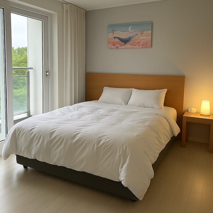 Master bedroom double queen bed 
The duvet changes according to the season.