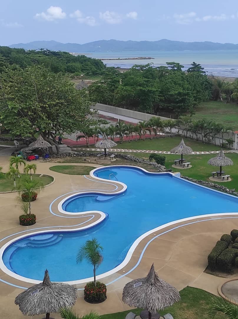 An aerial view showcases a large swimming pool with a curved design, surrounded by manicured greenery and decorative plants. Thatched-roof gazebos are positioned nearby, and the ocean is visible in the background, highlighting the tranquil surroundings.