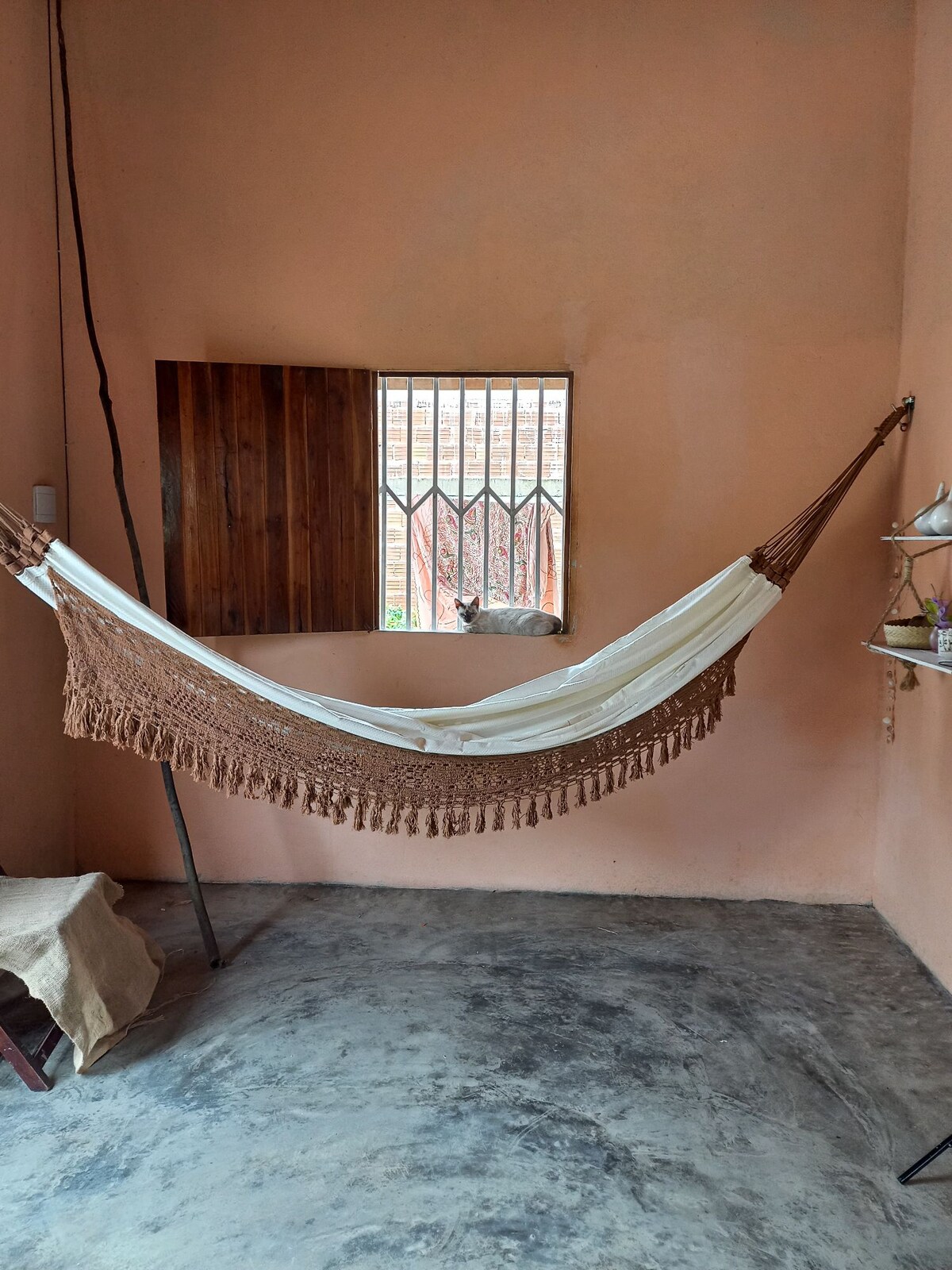 A cozy space features a decorative hammock with intricate fringe, suspended from the wall. A window with a wooden frame allows natural light to enter, providing a view of the outdoors. The walls are painted in soft tones, enhancing the room's inviting atmosphere.