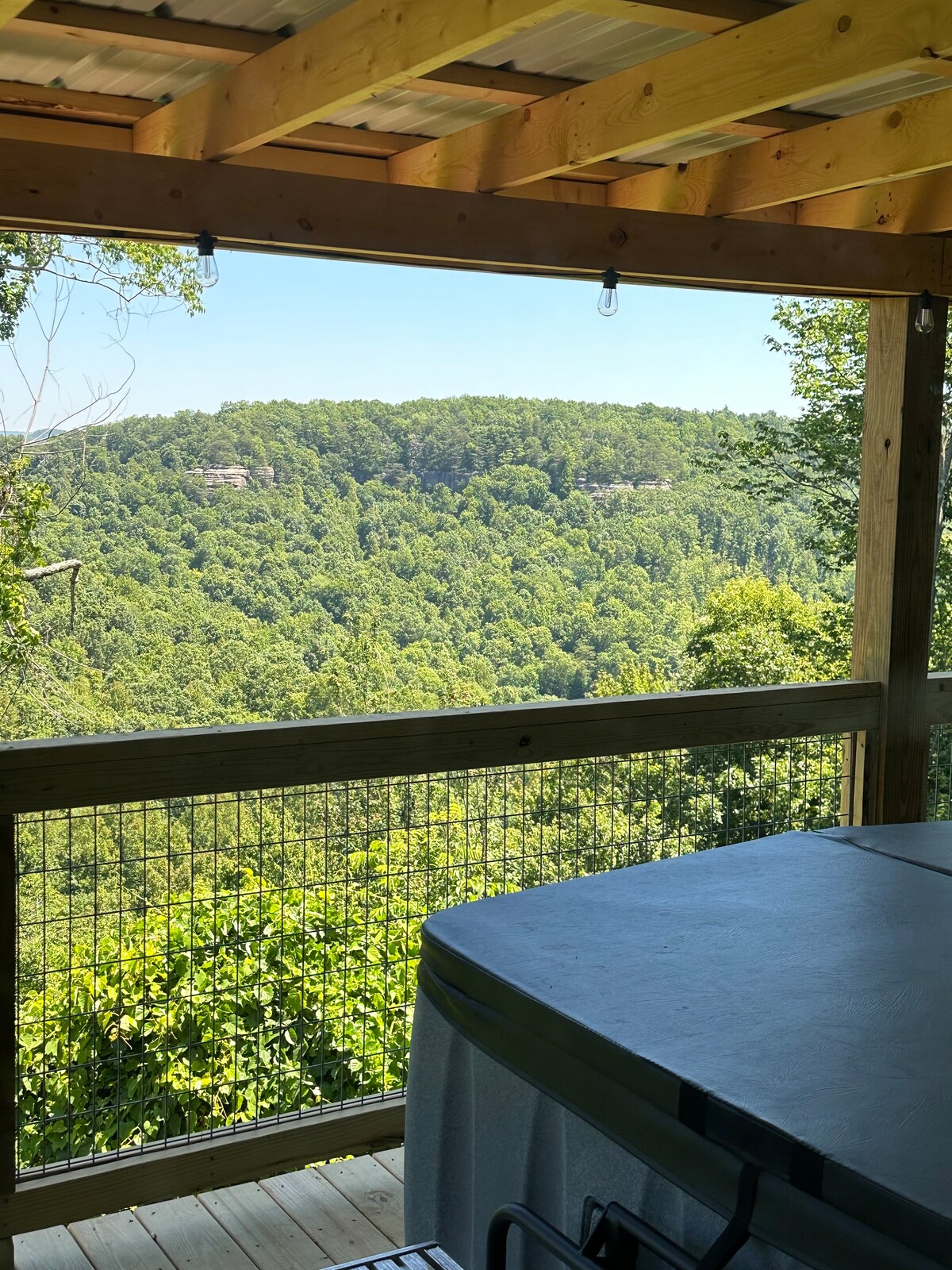 A scenic view is captured from a wooden deck overlooking a lush landscape filled with trees. The blue sky is partially visible through the greenery, and a hot tub sits on the deck, inviting relaxation in this tranquil outdoor space.