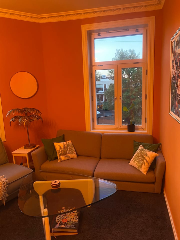 Divani dhe tavolina e dhomës së ndenjjes në dhomën e ndenjjes. Ky divan mund të flejë në të.