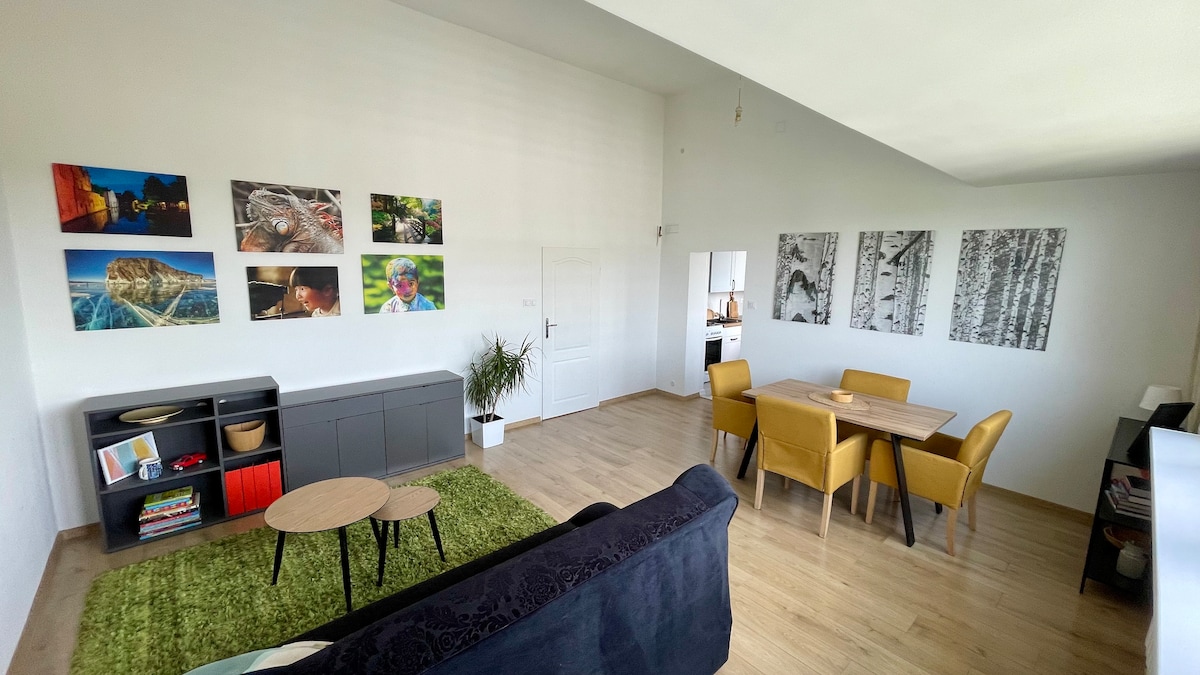 A spacious living area is showcased, featuring a dark sofa and a vibrant green rug. Two coffee tables are positioned in front of the sofa. A dining area with yellow chairs and a wooden table is visible, along with various framed artworks adorning the walls.