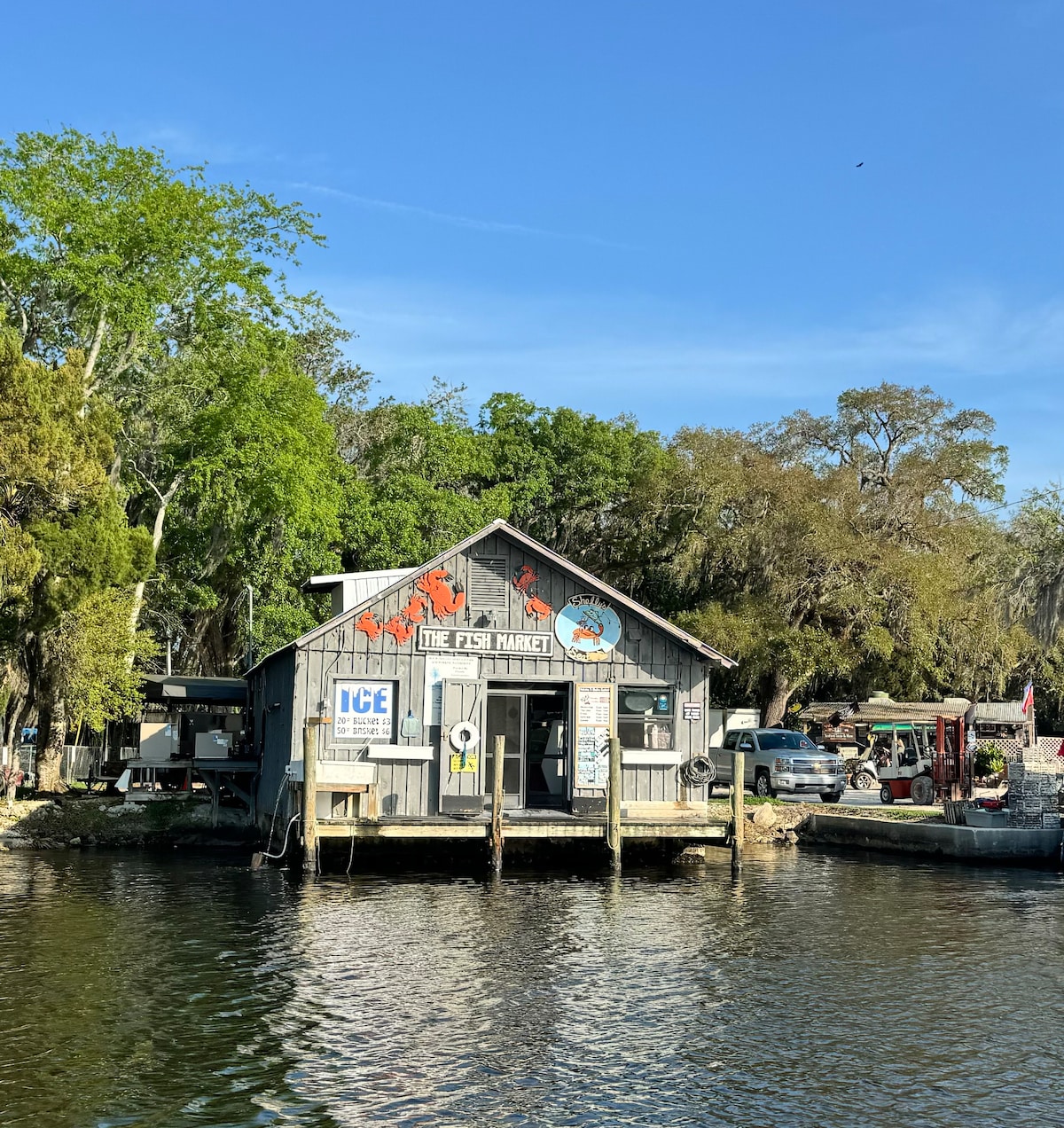 A rustic market building, featuring a wooden exterior painted in gray, stands along the water's edge. Signs and decorations adorn the facade, emphasizing a nautical theme. Lush greenery surrounds the structure, providing a natural backdrop to the riverside scene.