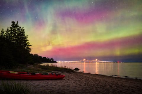 Beachfront Cabin w/ Hot Tub, Mackinaw Bridge Views