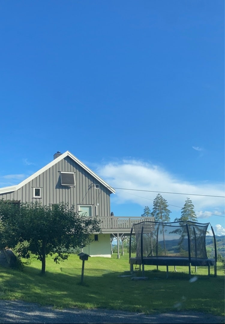 The image showcases a two-story house with a light grey exterior and a peaked roof. A trampoline is visible on the well-maintained green lawn, surrounded by trees. The sky is clear and blue, indicating a bright day.