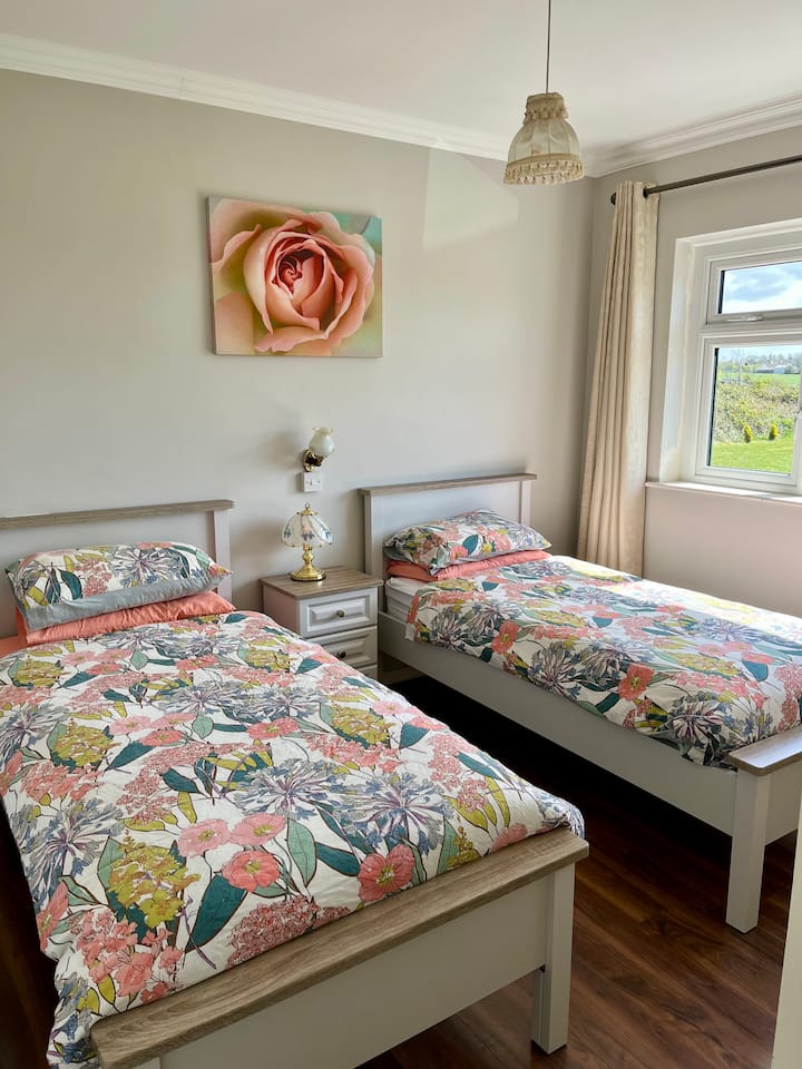 这间客房内有两张标准单人床。 它有一个触摸感应灯和头顶照明。  它有一个抽屉和镜子。 
窗户可以看到前面的草坪和路边。  这里也非常宁静祥和。