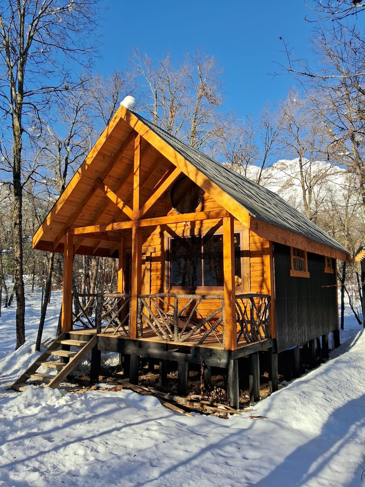 A charming wooden cabin is framed by snow-covered trees and a clear blue sky. The structure features a sloped roof and an inviting porch, accessible by steps. Large windows allow natural light to illuminate the interior, while the raised foundation offers a view of the surrounding snowy landscape.