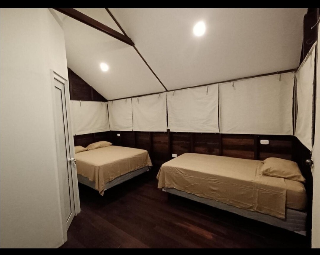 A cozy sleeping area features two spacious beds with beige linens. Natural wood paneling enhances the room's warmth, while large windows dressed in light curtains allow for soft light to fill the space. A closet is visible, blending with the neutral decor.