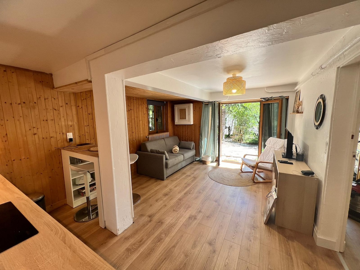 A spacious studio featuring wooden walls and a light wooden floor. The living area includes a comfortable sofa facing a TV, a small dining table, and a chair. Large glass doors open to a view of the garden, allowing natural light to fill the space.