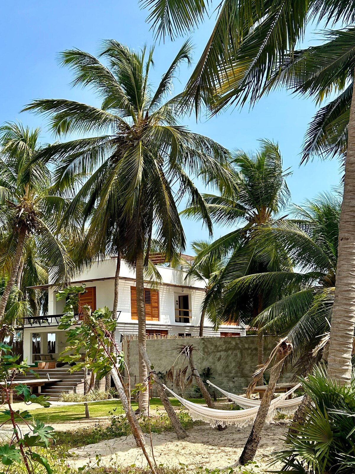 Lush coconut palms surround a charming two-story beach house. A serene garden is visible, with a hammock tucked between the trees. The exterior of the house features wooden shutters, complementing the natural surroundings and creating a relaxed coastal vibe.