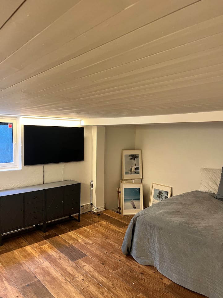 Obývacia izba v suteréne s manželskou posteľou 180 cm (labuťová posteľ). V prípade potreby je možné položiť na podlahu 90 cm matrac.