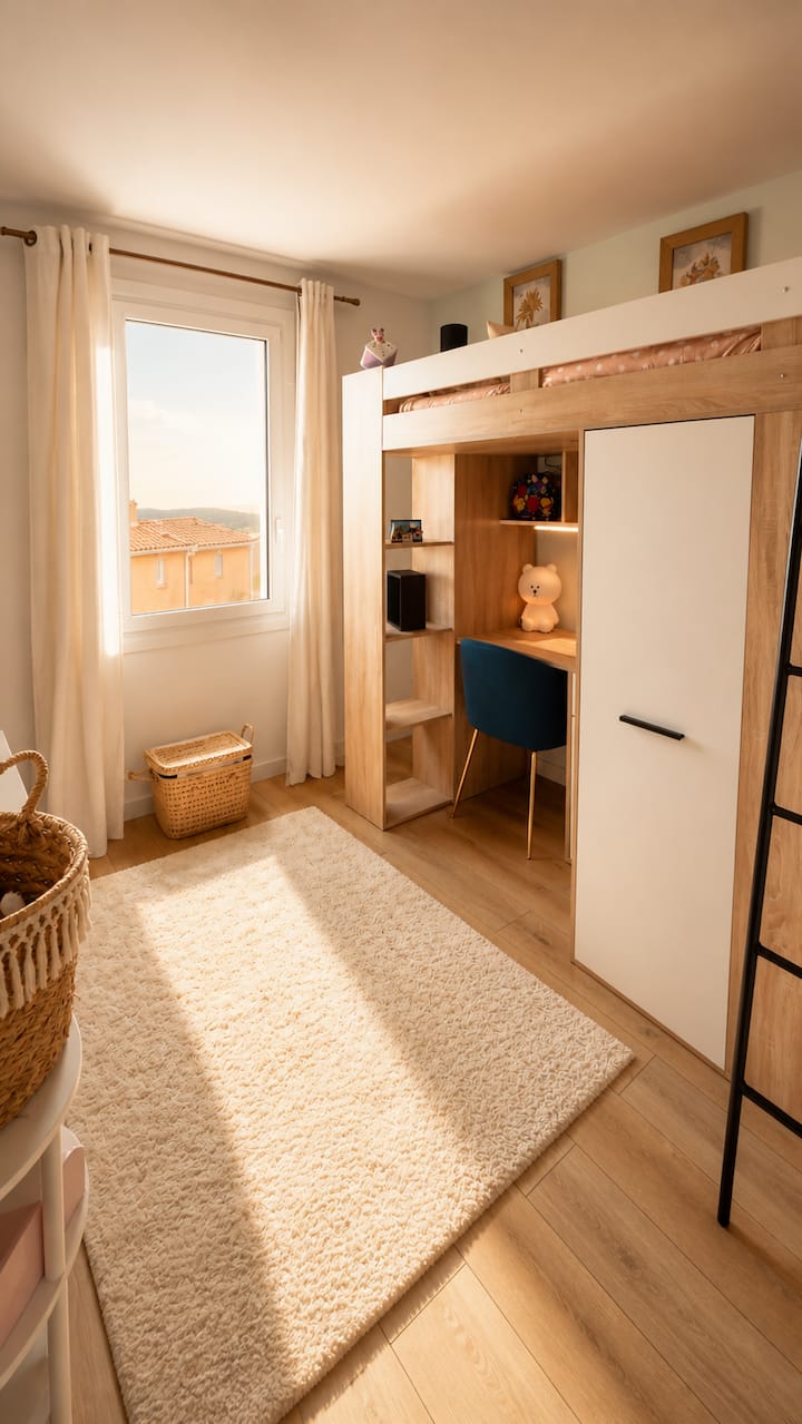 Un espace pensé pour les enfants, avec couchage en hauteur, bureau et rangements astucieux.