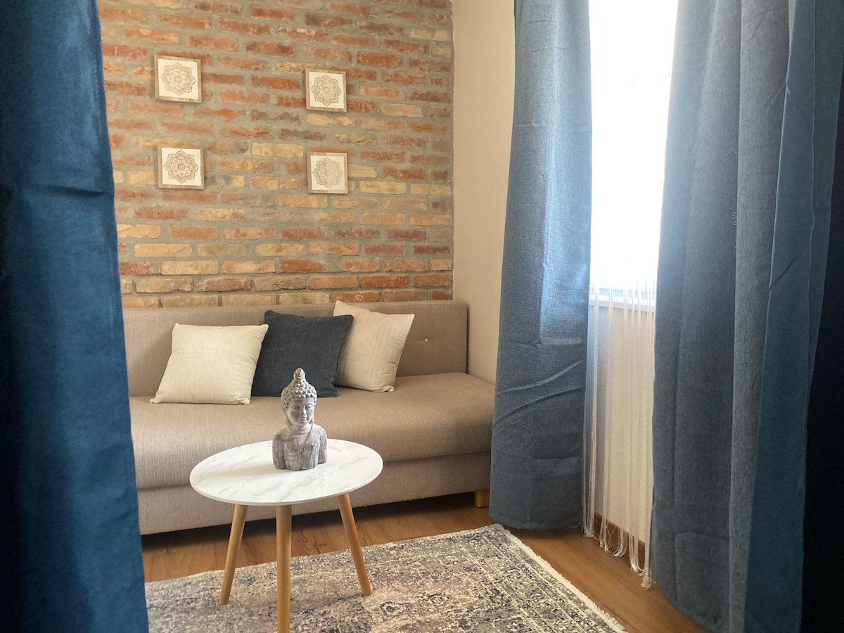 A cozy seating area is featured, with a light-colored sofa adorned with decorative pillows. A round coffee table sits in front, topped with a decorative piece. The space is framed by soft blue curtains, allowing natural light to illuminate the exposed brick wall.