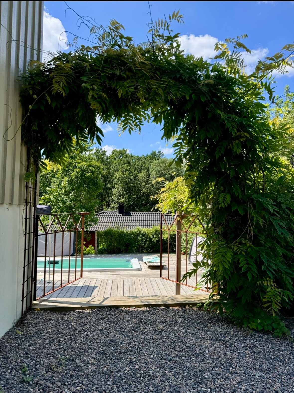 An archway adorned with lush greenery leads to a wooden deck surrounding a pool. Sunlight illuminates the space, highlighting the trees and structures beyond, creating an inviting view of the outdoor area.