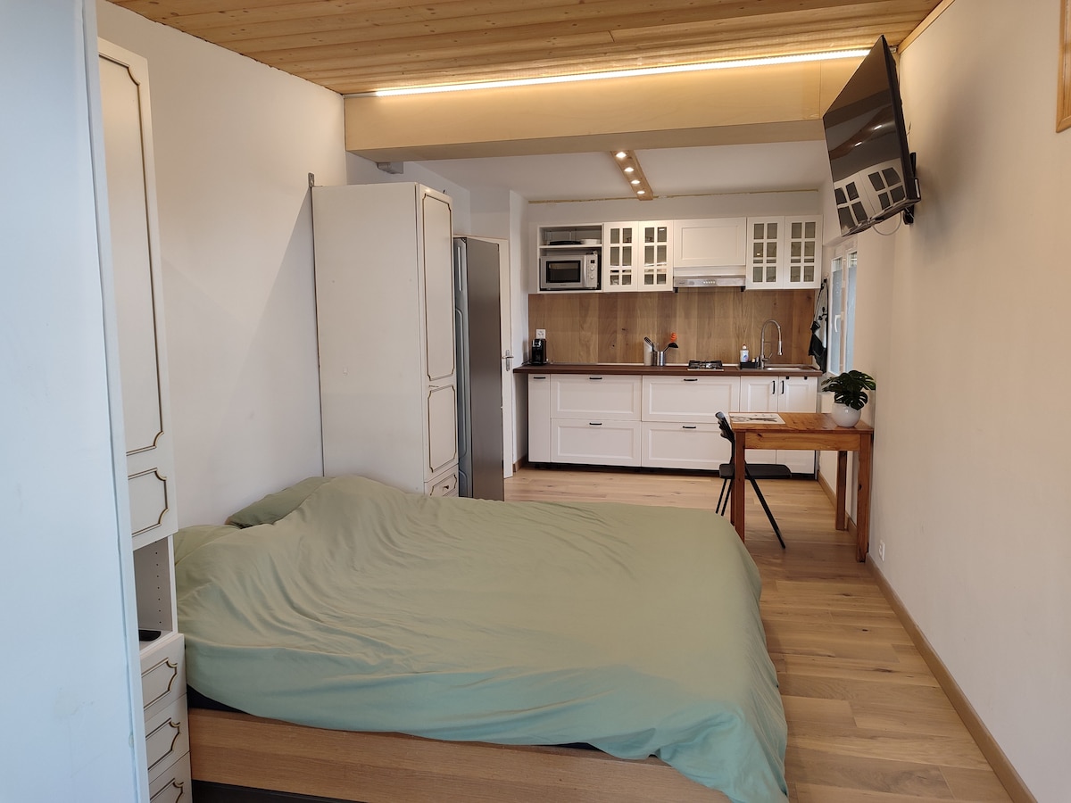 A studio apartment features a spacious bed with a soft green cover, positioned against a bright wall. A well-equipped kitchen with white cabinets and a cooktop is visible in the background. A small wooden table and chair are present, contributing to a functional layout.