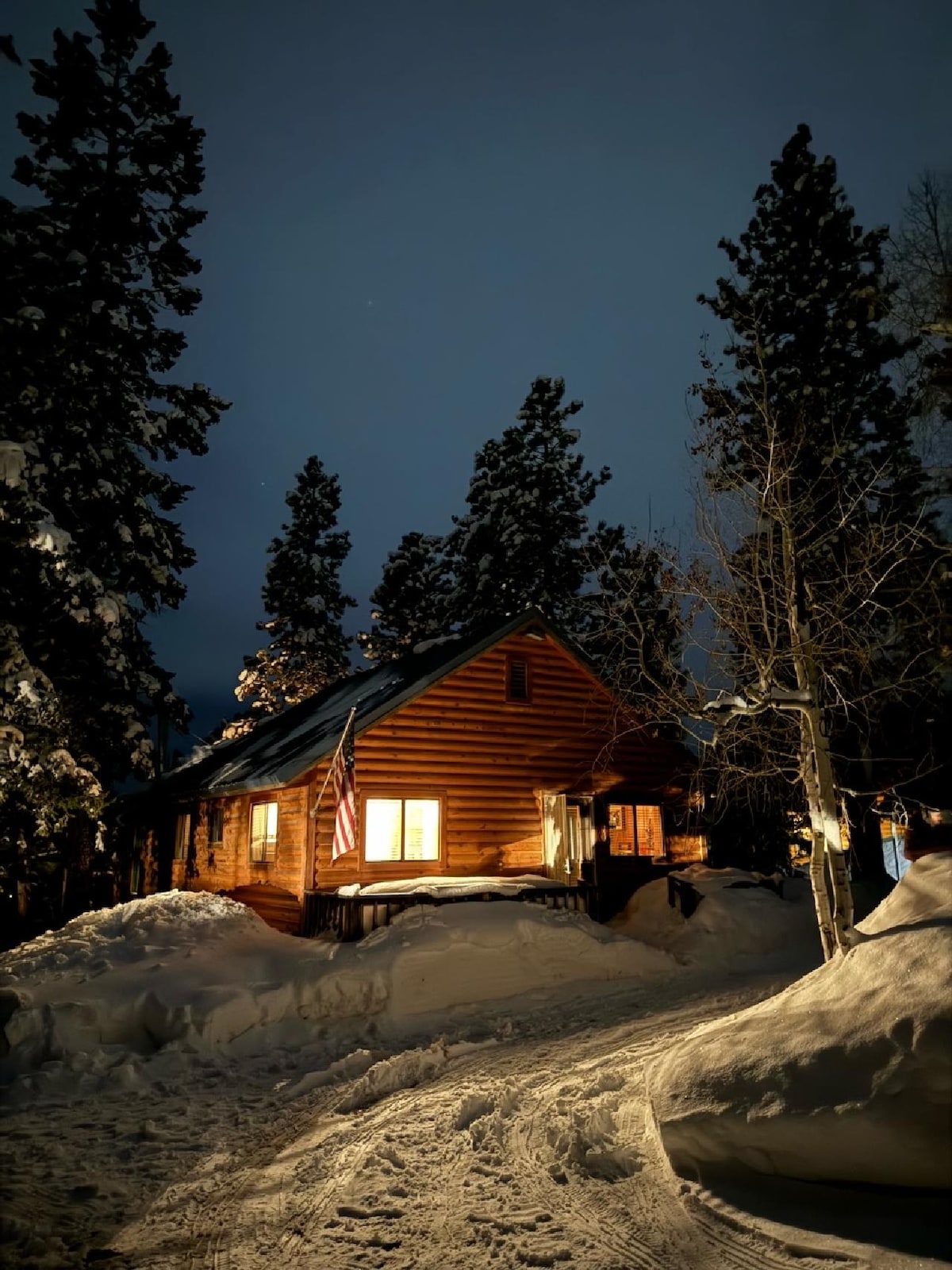 The cabin is illuminated warmly against a snowy landscape, surrounded by tall evergreen trees. The flag gently waves near the entrance, and snowdrifts accumulate around the pathway, creating a serene winter scene.