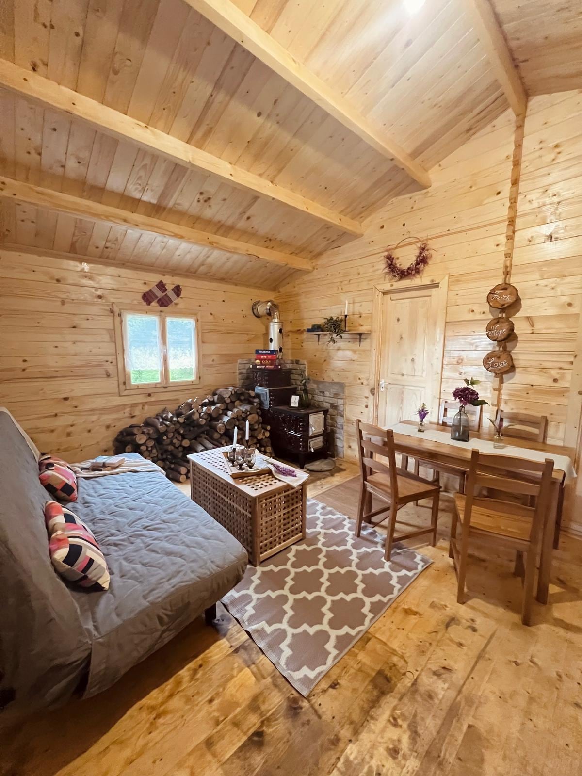 A cozy living area features natural wooden walls and a rustic charm. A fold-out sofa offers seating and sleeping options, while a small dining table accommodates four. A stone fireplace adds warmth, and an area rug defines the space, complemented by decorative wall elements.