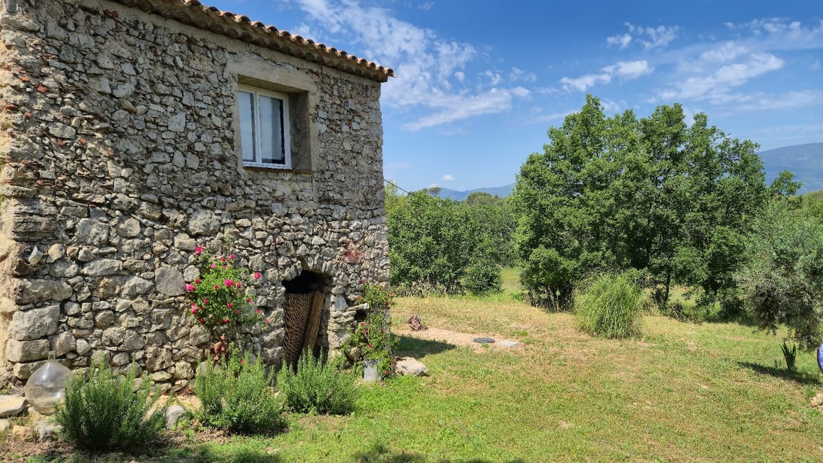 A rustic stone building is surrounded by lush greenery and a manicured lawn. Colorful flowers adorn the entrance, complementing the natural landscape. The sky is clear with a scattering of clouds, and distant mountains are visible on the horizon, enhancing the tranquil setting.
