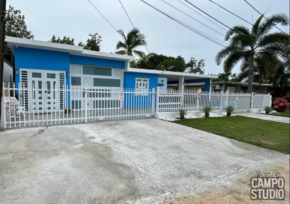 The exterior of the modern studio is depicted, featuring a vibrant blue facade. A private fenced yard is visible, adorned with palm trees and greenery, along with a smooth, stony path leading to the entrance. Ample outdoor space offers a welcoming presence.