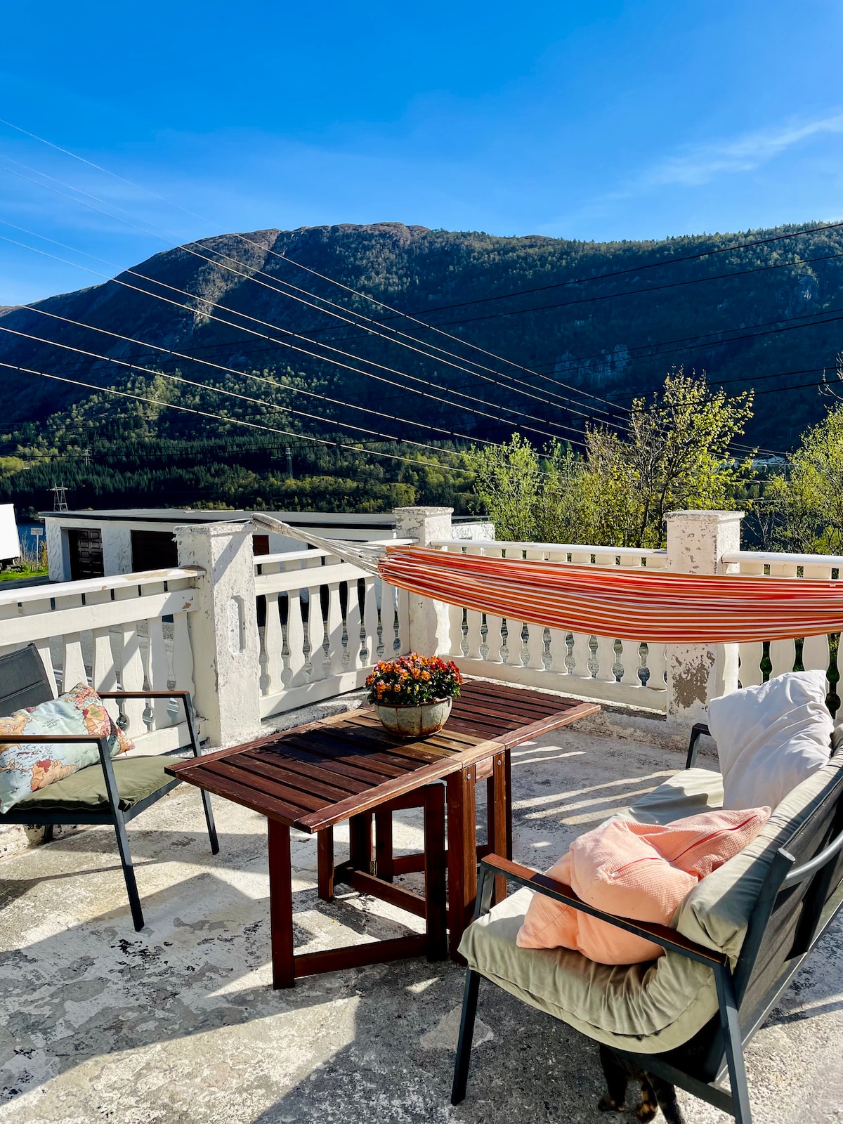 An outdoor sitting area is presented with a wooden table and two armchairs. A planter filled with colorful flowers rests on the table. A hammock is draped nearby, and a mountainous landscape is visible in the background, under a clear blue sky.