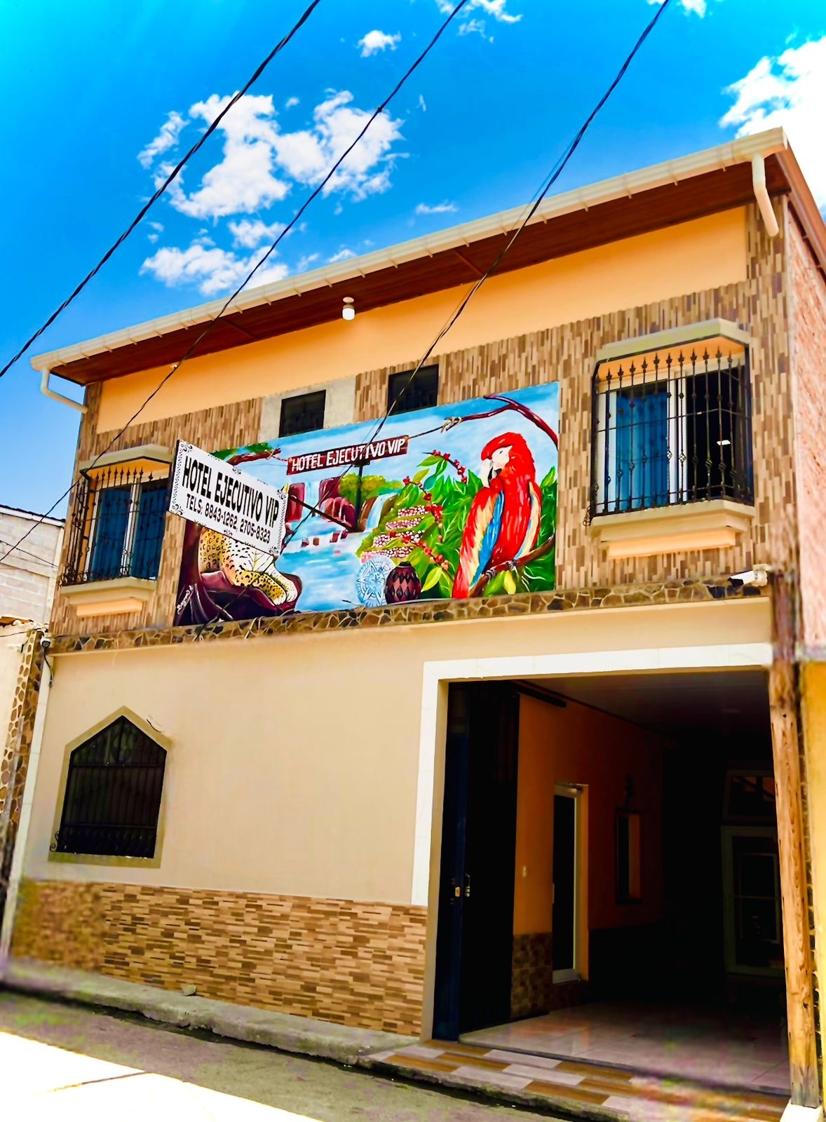 A charming building with a vibrant mural depicting wildlife is featured. The mural showcases a parrot among tropical scenery. Large windows framed with decorative iron bars allow natural light in. The entrance is marked by a welcoming open doorway leading to the interior.