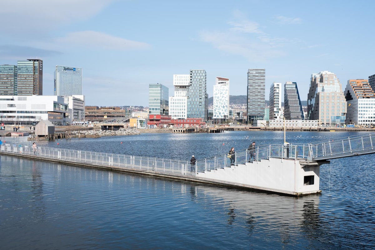 A modern waterfront view highlights a sleek pedestrian bridge extending over calm waters. The background features a mix of contemporary buildings, showcasing a vibrant urban landscape during a clear day, complemented by reflections on the water's surface.