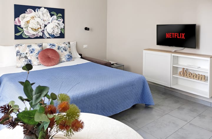 Camera luminosa e accogliente con un comodo divano letto matrimoniale, TV con Netflix e una bellissima opera d'arte dipinta a mano che rende lo spazio davvero unico.