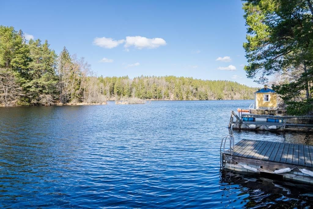A serene view of the water is captured, featuring gentle waves under a clear blue sky. Lush green trees line the shoreline, while a small wooden dock extends into the water. A charming cabin can be seen at the water’s edge, enhancing the natural setting.