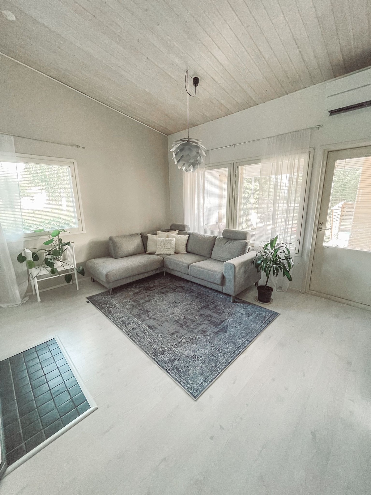 A light-filled living area features a grey sectional sofa positioned beside a green plant. A decorative rug lies on the light-colored floor, and large windows provide access to natural light and views of the outdoors. A simple light fixture hangs from the ceiling.