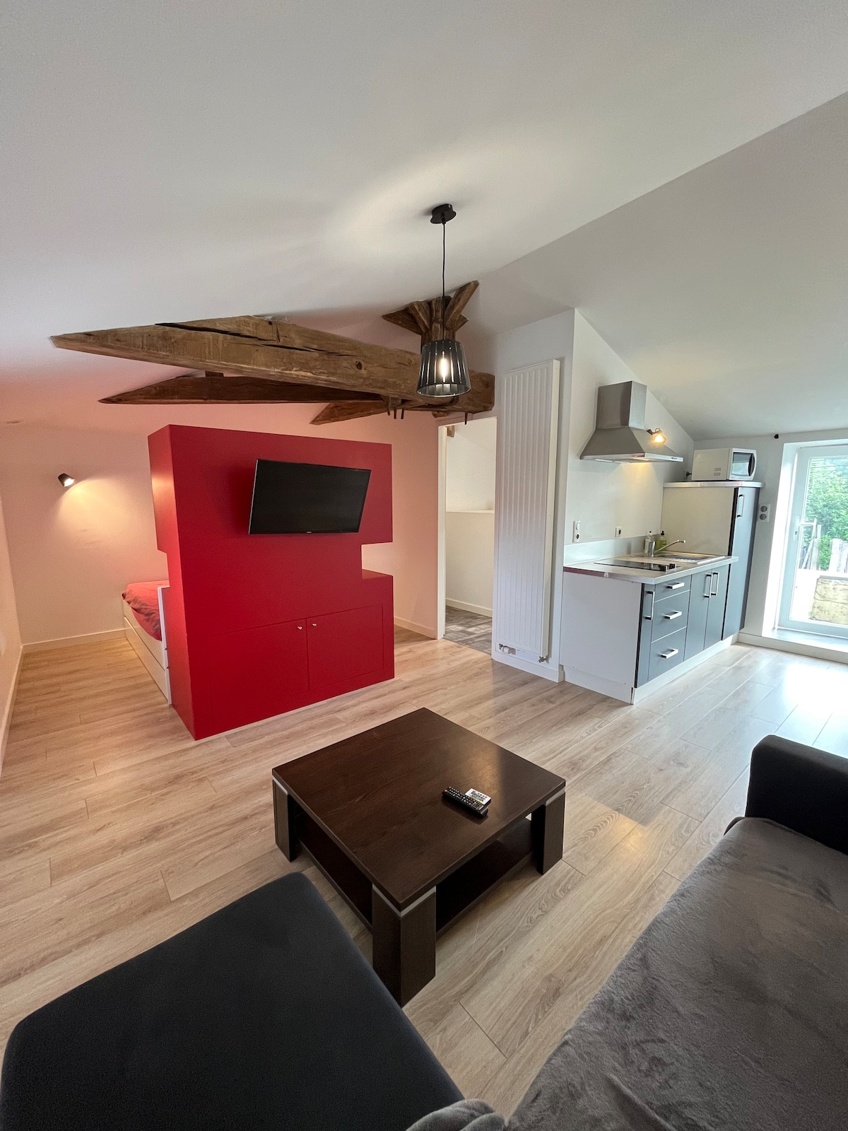 A studio space features a cozy sleeping area separated by a red partition, with a flat-screen TV mounted on the wall. Natural light enters through sliding glass doors leading to a small outdoor area. Wooden beams add character to the ceiling, enhancing the modern design.