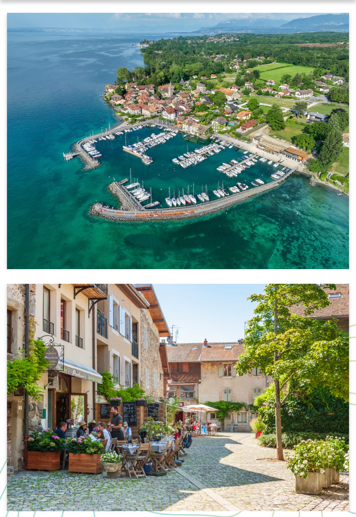 An aerial view showcases the scenic shoreline and marina, with quaint homes lining the waterfront amidst greenery. A second image presents a lively cobblestone street, where cafes with outdoor seating feature colorful flowers and lush greenery, inviting a sense of community and relaxation.