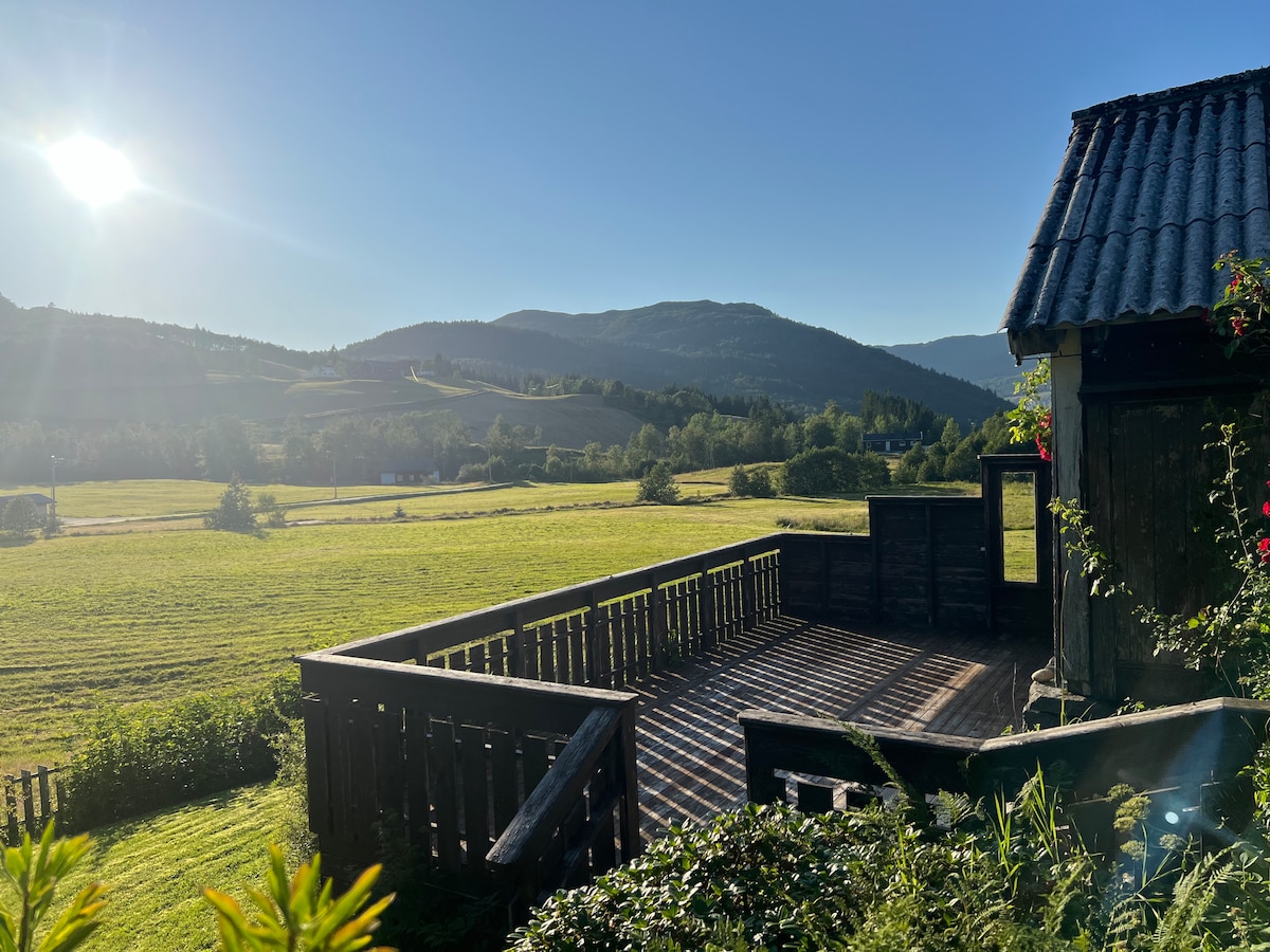 A wooden terrace offers expansive views of the surrounding fields and mountains. Sunlight streams down, creating distinct shadows on the deck. Green foliage frames the scene, enhancing the natural beauty of the landscape beyond.