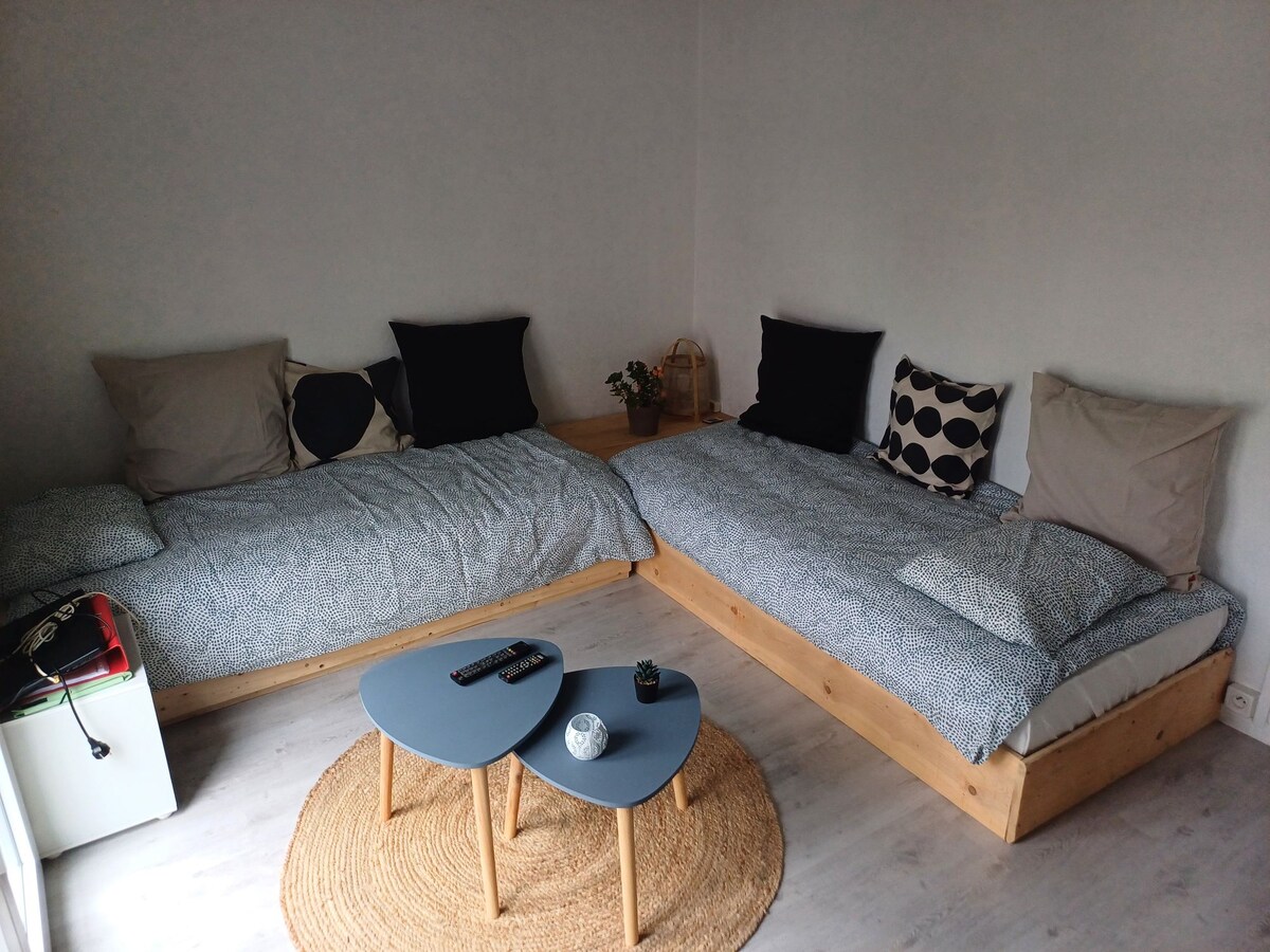 The room features two spacious beds with soft bedding arranged against the walls. A small table with a decorative item and a remote control is positioned between the beds. Decorative pillows are placed on the beds, and a textured rug adds warmth to the space.