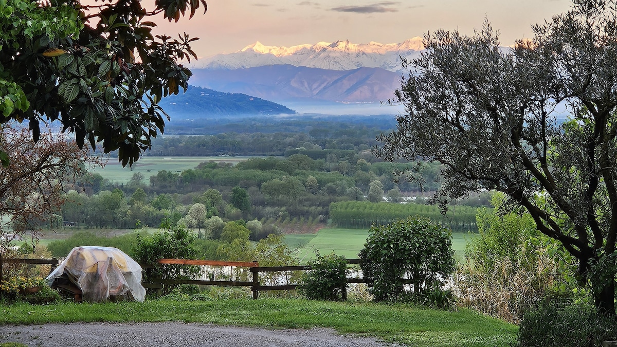 A serene landscape features rolling green fields bordered by trees, with distant snow-capped mountains in the background. A cozy outdoor seating area is partially visible, covered for protection. Lush vegetation enhances the natural beauty of the surroundings, providing a tranquil setting.