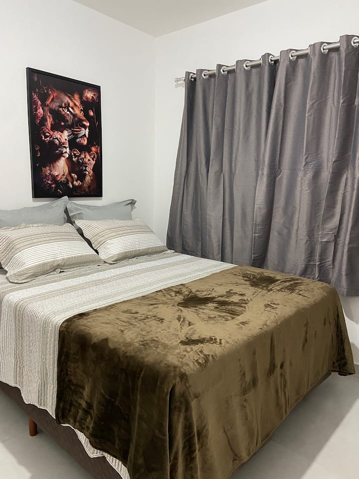 Cama tamaño queen, aire acondicionado, plancha, ropa de cama, armario pequeño, apagón en la  ventana, secador de pelo, percha o ropa, toallas. Tabla decorativa, almohadas