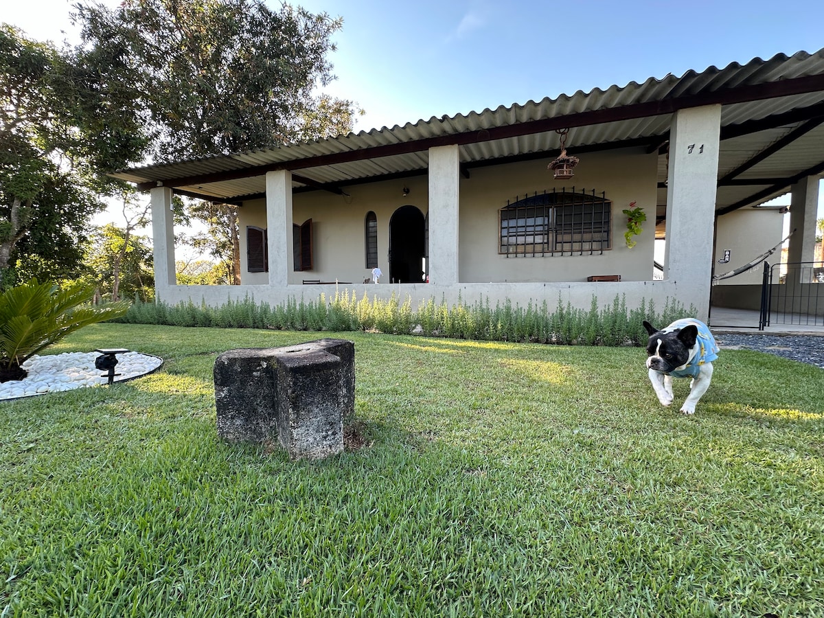 A charming exterior view of the house features a well-maintained lawn with green grass and a stone feature. A playful dog is seen running on the lawn, adding liveliness to the scene. The house has a welcoming porch with large windows and a tiled roof.